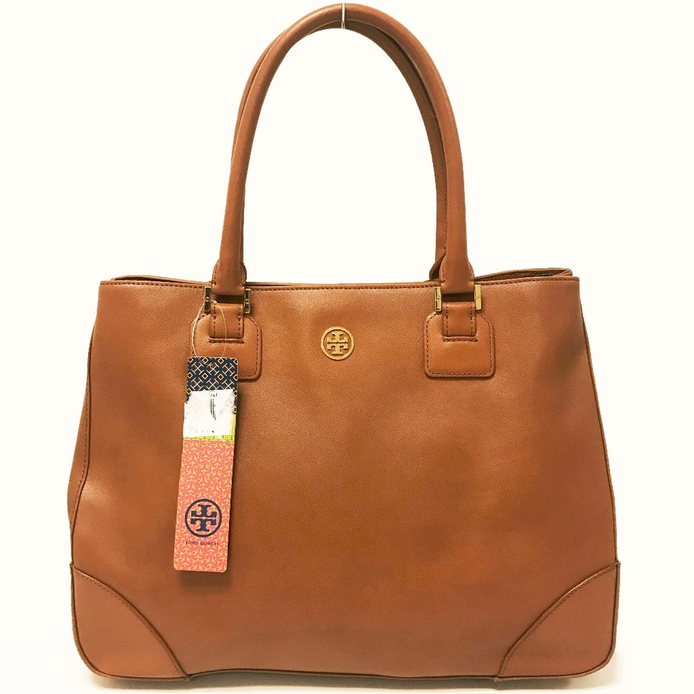 Tory Burch Robinson East-West Tote Luggage Tan Saffiano Leather Gold Hardware - Picture 2 of 9